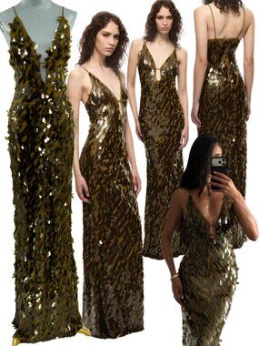 🆕 MISHA COLLECTION 🧿 NWOT Sapphire Sequins Maxi Dress, Olive - Sz L US 8